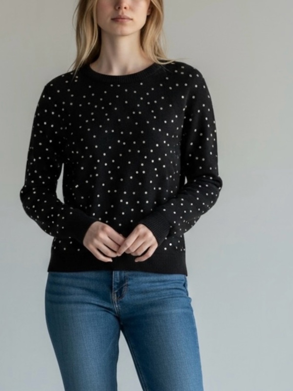 LOFT Black Gold Metallic Polka Dot Open Cutout V Back Crewneck Sweater Size M